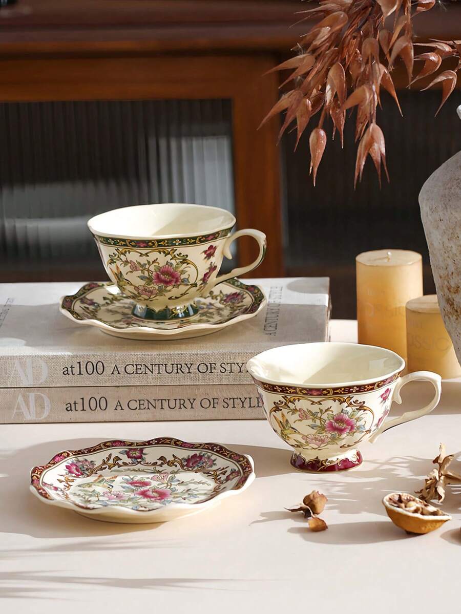 1pc European Vintage High-End Exquisite Highly Attractive Coffee Cup And Saucer Set, Suitable For Latte Coffee, Black Tea, Beverages, Water, Desserts, Fruits, Cakes, Applicable For Western Restaurants, Chinese Restaurants, Coffee Shops, Kitchens, Offices, Meeting Rooms, Living Rooms, Parties And Gatherings - Multicolor - View 1