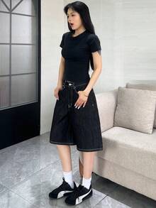 1pc Women's American Street Style Embroidered Black Denim Loose Wide Leg Jeans Fashion Summer Denim Shorts Casual - Black - View 10