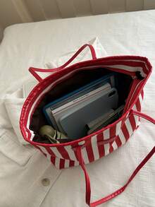 Fashionable Large Capacity Striped Handbag, Shoulder Bag, Tote Bag, Suitable For Women Shopping, Commuting And Daily Use - Red - View 6