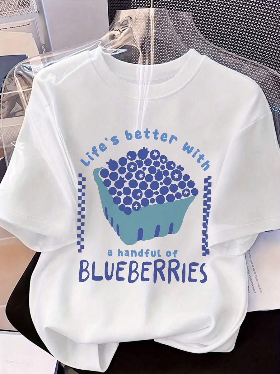 1 Stück Mädchen-Top mit Blaubeer-Muster "Life's Better With Blueberries" Frischer Slogan mit handgezeichnetem Blaubeer-Muster Design, energetischer minimalistischer Stil, vielseitig für Schule, Ausflüge, tägliche Freizeitkleidung - Weiss - Übersicht 1