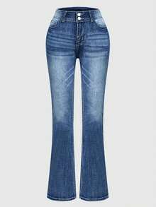 Women Double Button High Rise Gradient Whisker Wash Flare Bootcut Jeans - Blue - View 5