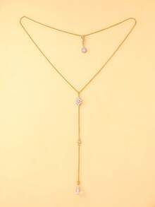 1pc Rhinestone Teardrop Pendant With Front And Back Chain, Elegant Bridal Backless Dress Neck Jewelry For Wedding Occasions - Geometric - View 8