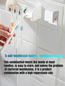 1 Set No-Drill Wall-Mounted Toothbrush Holder With Lid, Electric Toothbrush Storage Rack, Bathroom Toothpaste Organizer, 2/5/6-Slot Self-Adhesive Toothbrush Storage Box, Home Bathroom Storage Organizer - White - View 5