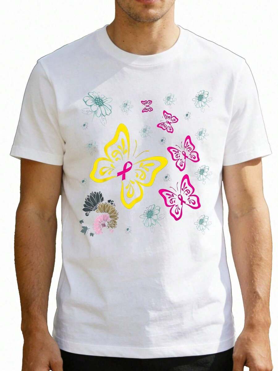 Ropa de temporada para hombre de talla estándar, estilo casual, con diseño de mariposa, que presenta patrones sueltos y a la moda, textura suave y cam - Blanco - Ver 1