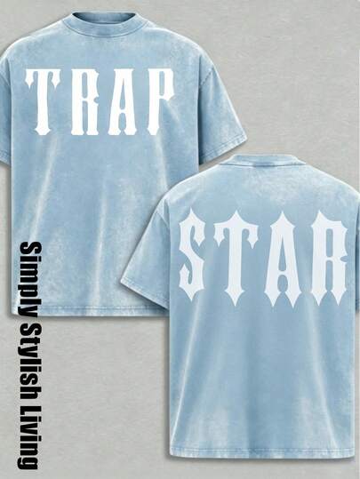 Washed T-Shirt Print, Graphic Cotton Tees Size Plus, Trap Star Vintage Collegiate Font Oversized Shirt Men, Summer Tops