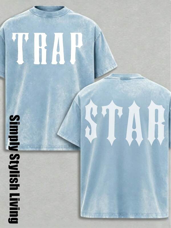 Washed T-Shirt Print, Graphic Cotton Tees Size Plus, Trap Star Vintage Collegiate Font Oversized Shirt Men, Summer Tops