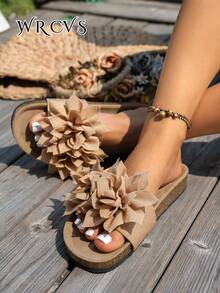 WRCVS Sandalias planas de tela caqui para mujer con decoración de flores 3D, suela de corcho, chanclas de playa antideslizantes, zapatos de vacaciones estilo bohemio, zapatos de verano - Caqui - Ver 3