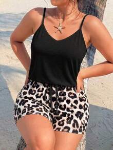 Plus Size Women's V-Neck Camisole And Leopard Print Drawstring Shorts Set, Casual Spring/Summer 2-Piece Outfit Elegant - Multicolor - View 1