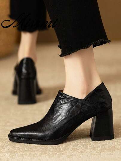 7cm Side Zipper Square Toe Chunky Heel Pumps, Black, Comfortable High Heels, Versatile For Spring & Autumn,Work Shoes