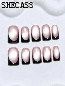Shecass 10pcs High-Quality Handmade Square False Nails, Y2K Style Cat Eye Nude & Black French Manicure, Includes 3 Tools, Suitable For Summer Daily Wear, Graduation Trip Vacation, Party Music Festival And Back To School Season Gift - Multicolor - View 1