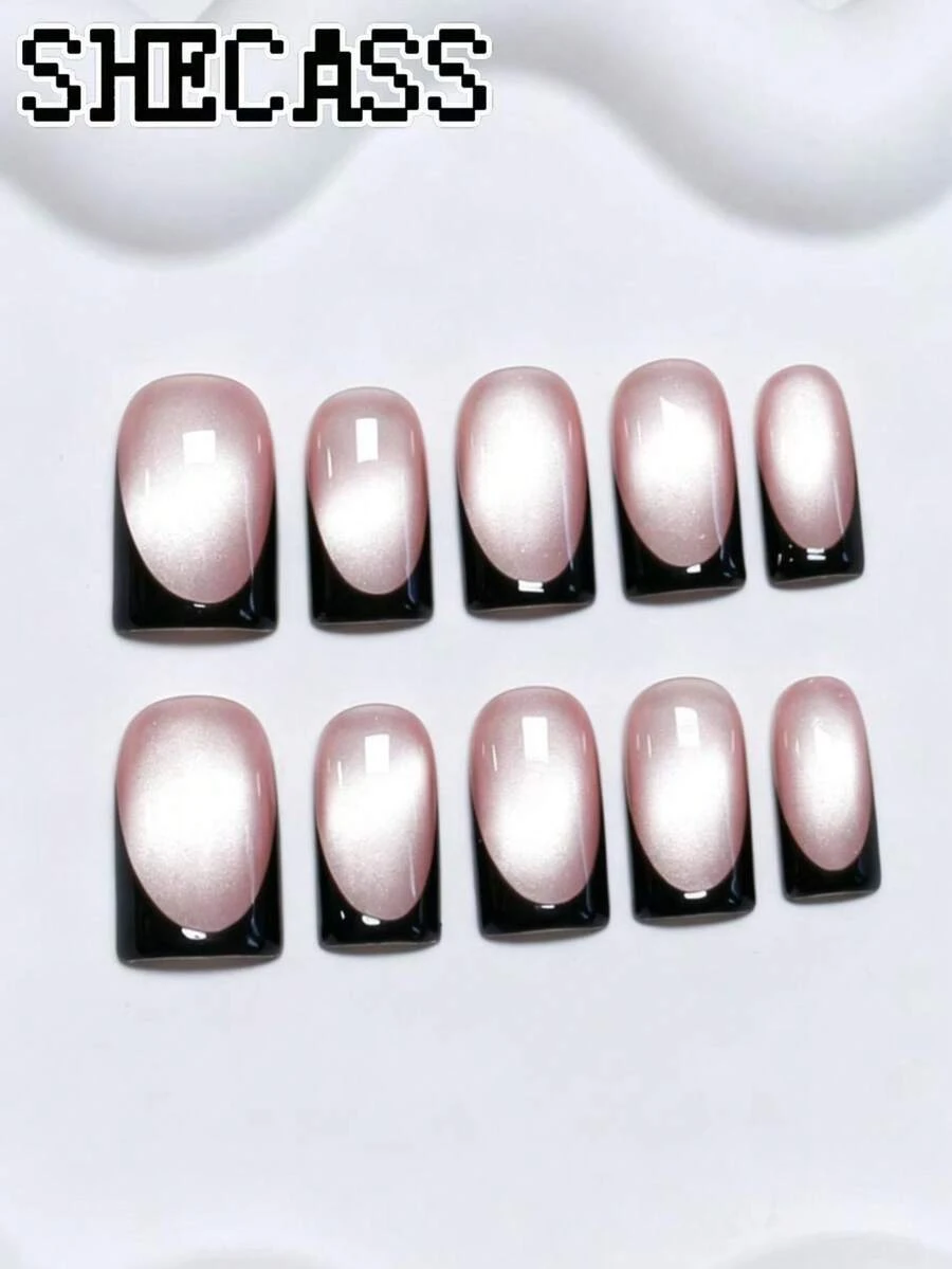Shecass 10pcs High-Quality Handmade Square False Nails, Y2K Style Cat Eye Nude & Black French Manicure, Includes 3 Tools, Suitable For Summer Daily Wear, Graduation Trip Vacation, Party Music Festival And Back To School Season Gift - Multicolor - View 1