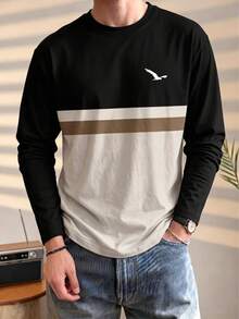 1pc Men's Casual Round Neck Colorblock Bird Print Long Sleeve T-Shirt, Business Style, Autumn - Black - View 3