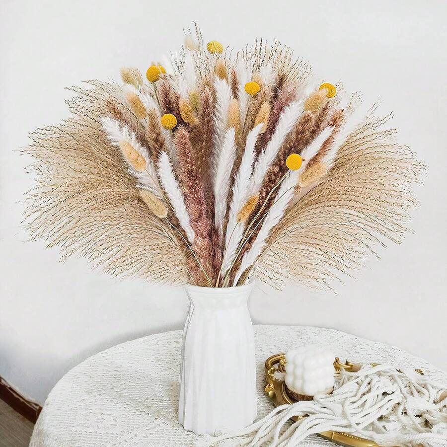 棕色人造蒲草花束 大量兔尾草 43.18cm 波希米亞風人造蓬鬆蒲蘆 婚禮居家餐桌派對裝飾(經典款) - 黃色 - 查看 1
