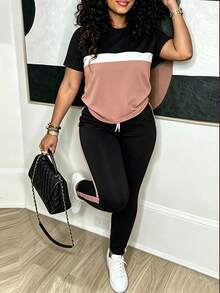 SRoinpar 1pc Colorblock Striped 2-Piece Sports Set, Short Sleeve Drawstring Waist Side Pocket Casual Sports Style Slim Fit Summer - Pale Pinkish Gray - View 1