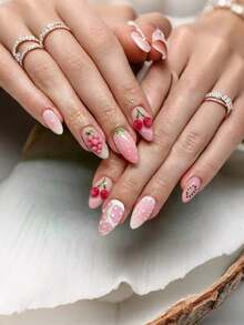 10pcs Medium Almond Nail Stickers, Summer Hot-Selling Sweet & Cool Fruit 3D Embossed Grape Cherry Pink Strawberry Multicolor Design Acrylic Nail Decals, 3D Floral, Shell Pattern And Pearl Accents, Fresh Summer Island Style, Suitable For Women's Vacation, Party And Daily Wear, Removable And Reusable Nail Supplies Nails - Multicolor - View 1
