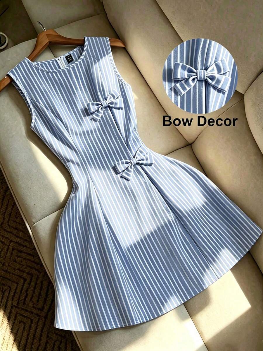 Vestido de línea A sin mangas con lazo en la cintura y lunares, adecuado para la escuela, picnic de fin de semana, salida casual con amigos, estilo fresco y dulce - Azul y blanco 3 - Ver 1