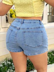 Pantalones cortos de mezclilla lavados informales para mujer de talla grande - Azul - Ver 6