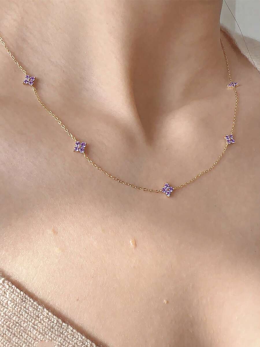 1件新款時尚金紫色鋯石花卉鏈條項鍊飾品 - 金黃色-紫色鑽石 - 查看 1