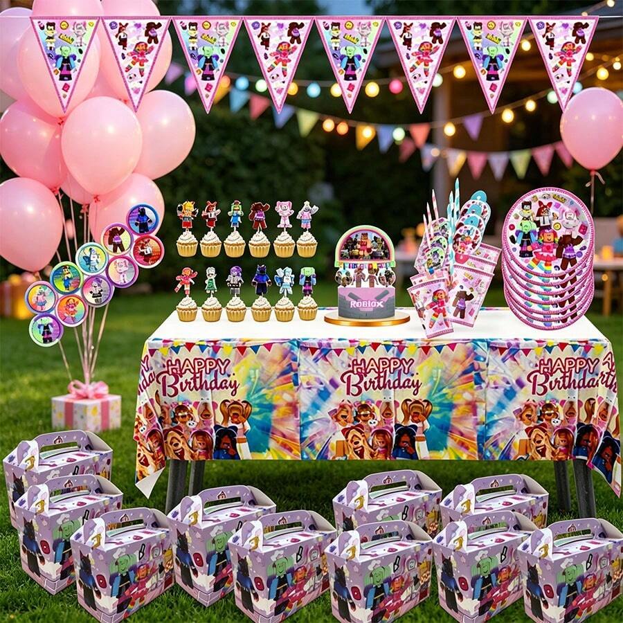 65件套游戏主题生日派对装饰套装,ROBLOX卡通全套装饰用品,手工DIY创意场景装饰,适用于多种节日、派对、聚会、玩家团队建设氛围装饰 - Roblo Girl組合 - 查看 1