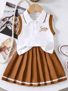 Atasan Tank Top dan Rok Lipit dengan Motif Huruf dan Trim Kontras untuk Anak Perempuan - Putih - View 2