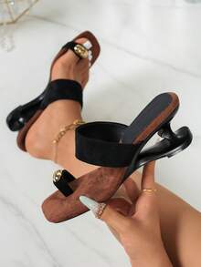 Women's Square Toe High Heel Sandals With Metal Stud Toe Ring, Fashionable Comfortable Versatile For Summer Vacation And Commuting - Black - View 2