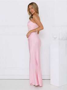 Elegant Women Sexy Pleated Decor Dress, Cocktail Party Gown, Cute Party Dress, Mermaid Style Long Cocktail Dress, Woven Fabric, Backless Party Style Wedding Spring Pink - Pink - View 3