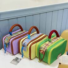 Bolsa de maquillaje de mano con diseño de bloques de color dopamina y patchwork de cuadros, organizador de artículos de tocador de viaje impermeable con compartimentos multicapa de gran capacidad - Morado - Ver 3