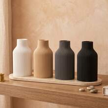 1pc Modern Minimalist Aesthetic Matte Plastic Vase, Neutral Black Grey White Beige Vertical Striped Cylindrical Decorative Vase, Suitable For Reed Grass Artificial Flowers, Home Decor Living Room Bedroom Kitchen Bathroom Office Wedding Tabletop Centerpiece - A - View 4
