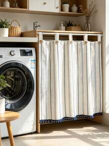 1pc Blue Vertical Stripe Linen Texture Short Cafe Curtain With Navy Pom Poms Farmhouse Rustic Button Light Filtering Half Window Valance For Kitchen Microwave Oven Cabinet Laundry Washing Machine Storage Bathroom Tab Top - Multicolor - View 4