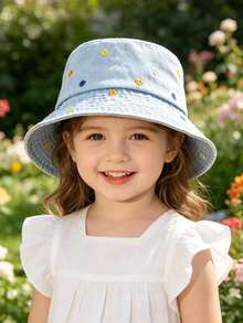 1pc Kids Embroidered Pattern Sun Protection Fashion Casual Distressed Bucket Hat Suitable For Outdoor Travel And Daily Use - Small Flowers - Light Blue - View 4
