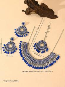 Juego de 4 piezas de joyería estilo bohemio azul, colgante, collar con incrustaciones de diamantes de imitación, cadena para la cabeza, aretes, accesorios de joyería para boda, fiesta y festival - Juego de cuatro piezas - Ver 4