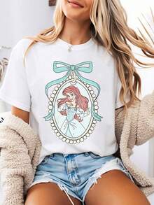 Disney Bow Pendant Ariel Cotton Tee, Licensed Crew Neck, Teenage Girls And Ladies Daily Outdoor & Vacation Casual Top - 白色 - 查看 1