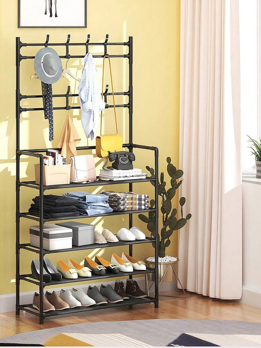 1 Multi-Functional Iron Art Coat And Shoe Rack, 4/5 Tiers, With 8 Hooks - Easy Assembly, Black/White Shoe Rack, Shoe Storage Rack - Multicolor - View 1