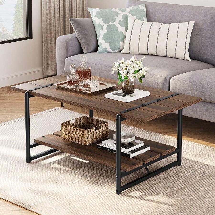 Hodeffior Industrial Coffee Table With 2 Tier Storage Shelf, Rustic Farmhouse Centre Table With Wood Slat Top And Metal Frame, Living Room Coffee Table For Lounge, Flat, Office Or Reception Area - Walnut - View 1