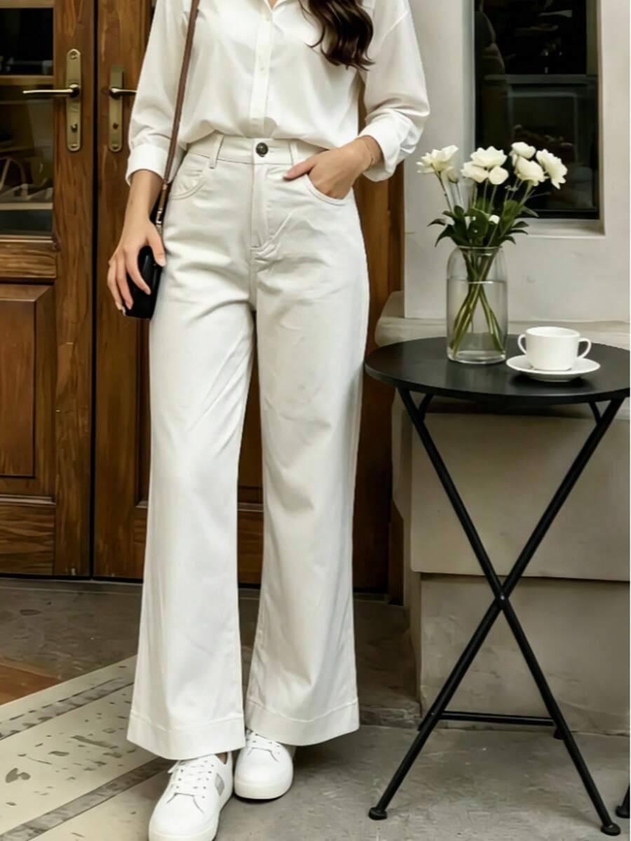 1pc Solid Color Polyester Pocket Flare Leg Cropped Pants Office College Daily Airport All Season - Beige - View 1
