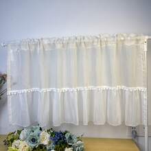1pc French Cream Style White Pom Pom Trim Patchwork Short Curtain, Kitchen Window Atmosphere Cafe Curtain, Top Rod Pocket - Beige - View 5
