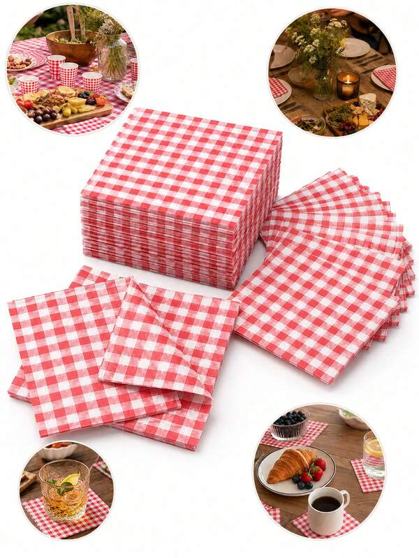 20pcs Red And White Plaid Pattern Disposable Paper Napkins, Cocktail Napkins Suitable For Bar Cocktail Use, Table Setting, Birthday Party, Backyard BBQ Gathering, Camping Party, Bachelor Party, Holiday Gathering, Summer Pool Party