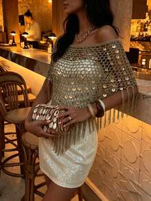Sexy Hollow Out Fashion Multi-Way Wear Fitted Sequin Fringe Shawl, 2026 New Style, Women's Vacation Clothing, Summer Holiday, This Khaki Shiny Knit Hollow Out Shawl Is Perfect For Beach Vacation, Dating Casual Outings, Music Festivals And Various Holiday Activities. - Maroon - View 6