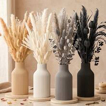 1pc Modern Minimalist Aesthetic Matte Plastic Vase, Neutral Black Grey White Beige Vertical Striped Cylindrical Decorative Vase, Suitable For Reed Grass Artificial Flowers, Home Decor Living Room Bedroom Kitchen Bathroom Office Wedding Tabletop Centerpiece - A - View 1