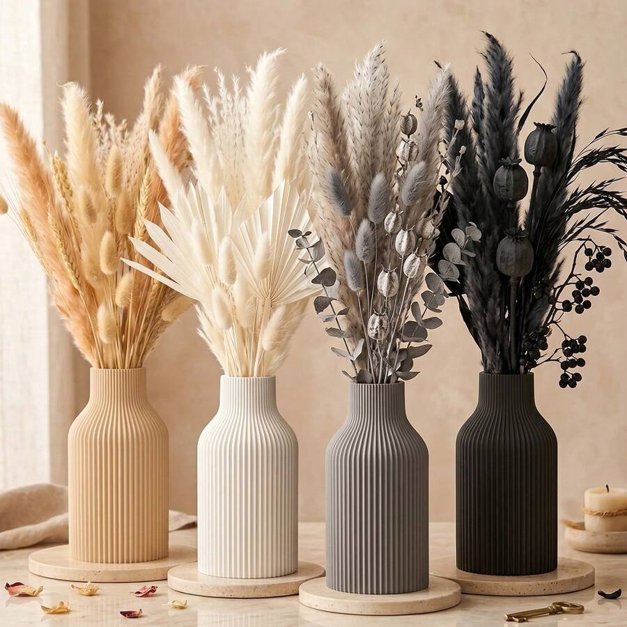 1pc Modern Minimalist Aesthetic Matte Plastic Vase, Neutral Black Grey White Beige Vertical Striped Cylindrical Decorative Vase, Suitable For Reed Grass Artificial Flowers, Home Decor Living Room Bedroom Kitchen Bathroom Office Wedding Tabletop Centerpiece - A - View 1