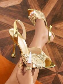 Women's Gold Fan-Shaped Beaded Sequin Round Toe Open Toe Asymmetric Water Drop Heel Sandals, Mule Shoes, Stiletto Heels, Bridal Shoes, High Heel - Gold - View 2