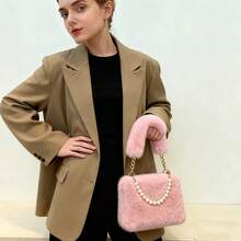 Bolso de mano de piel de conejo y perlas a la moda, bolso cruzado para mujer, diseño de cadena, bolso de hombro pequeño y versátil para invierno - Rojo - Ver 4