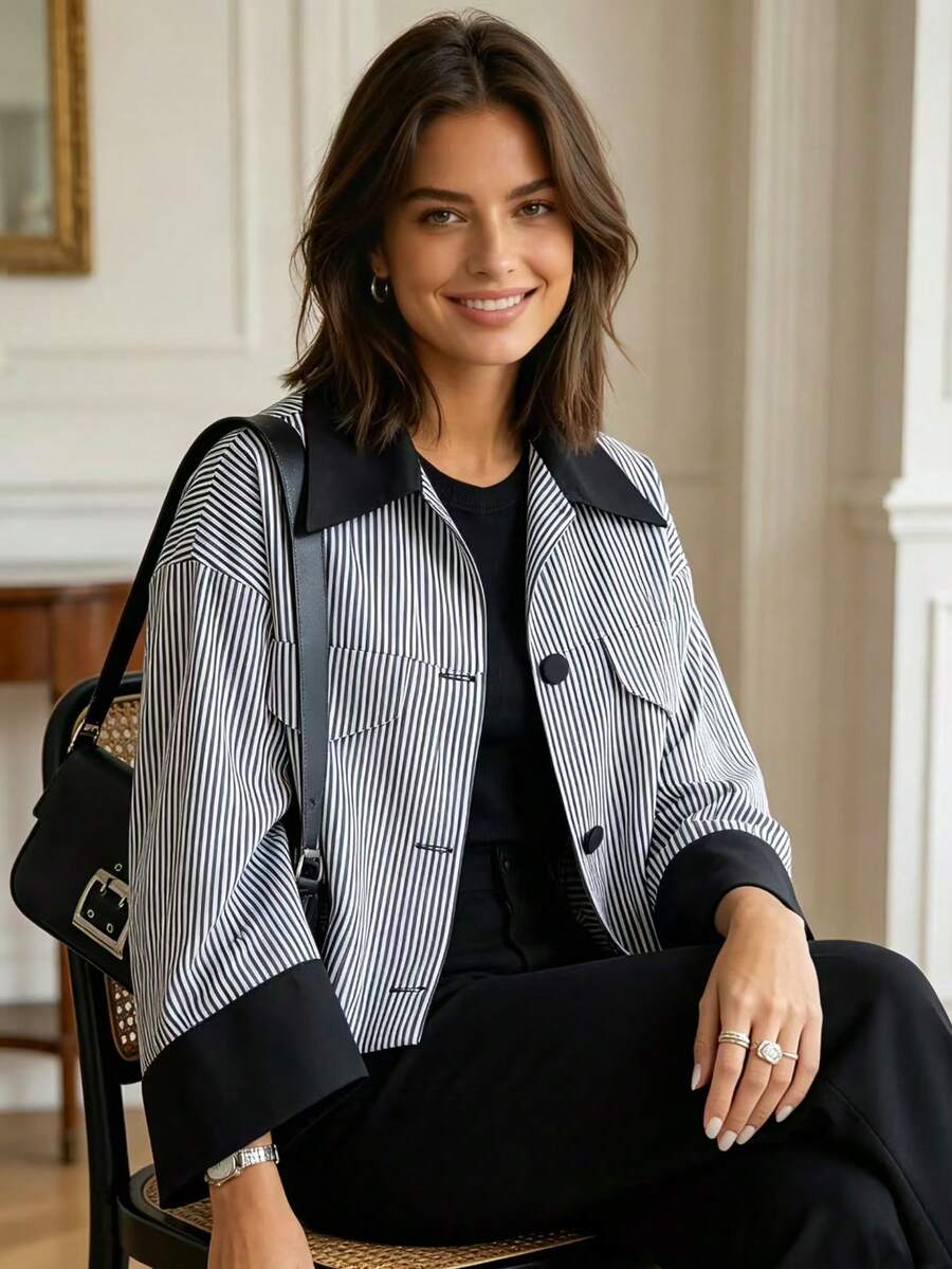 Women's Luxury Striped Woven Short Shacket, Shirt Collar, Button Front, Wrist Length Sleeves, Fashion Short Design - Black - View 1