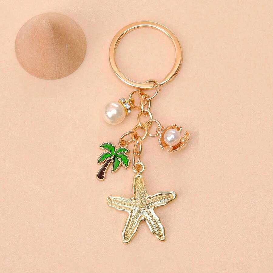 1pc Unisex Coconut Tree & Starfish Shaped Beaded Keychain Pendant, Summer Beach Series, Gift For Friends, Key Chain Charm - Multicolor - View 1
