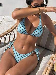 Bộ bikini 2 mảnh nữ mùa hè đi biển, hồ bơi, thể thao dưới nước, gồm áo tắm cổ yếm chấm bi thanh lịch buộc sau lưng hở lưng và quần bikini buộc hai bên eo, 2 món - Màu xanh bạc hà - Xem 2