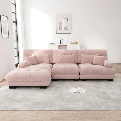 Luxurious Modular Corner Sofa - Oversized L-Shaped Cloud Couch For Living Room, Deep Sleeper Sofa With Ottoman, Corduroy, Chenille Pink - Pink - View 1
