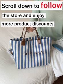 New Large Capacity Letter Decor Stripes Handbag, Multifunctional Commuter Tote Bag With Dual Handles For Women, Suitable For Commute,Beach Vacation - Blue - View 3