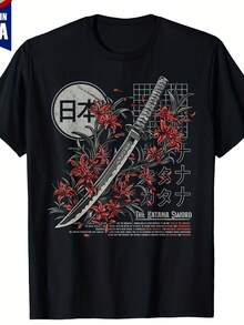 Camiseta Vintage para Hombre con Diseño de Samurai Japonés, Katana y Flor de Lirio, Estilo Anime, Cuello Redondo, Manga Corta, 180g M², Estilo Otaku, Lavable a Máquina.Mismo Estilo para Homb - Negro - Ver 1