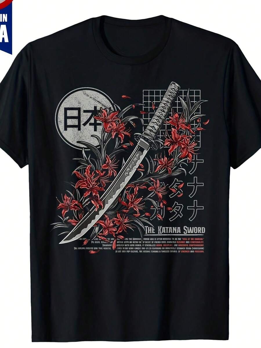 Camiseta Vintage para Hombre con Diseño de Samurai Japonés, Katana y Flor de Lirio, Estilo Anime, Cuello Redondo, Manga Corta, 180g M², Estilo Otaku, Lavable a Máquina.Mismo Estilo para Homb - Negro - Ver 1
