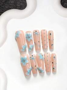 10片裝清新花卉手工穿戴甲，Polygel美甲套組，花瓣設計，藍色指甲油，優雅風格，含美甲工具，3種尺寸可選，杏仁/鴨嘴/棺材形，適合派對、跳舞、日常配戴 - 彩色 - 查看 4
